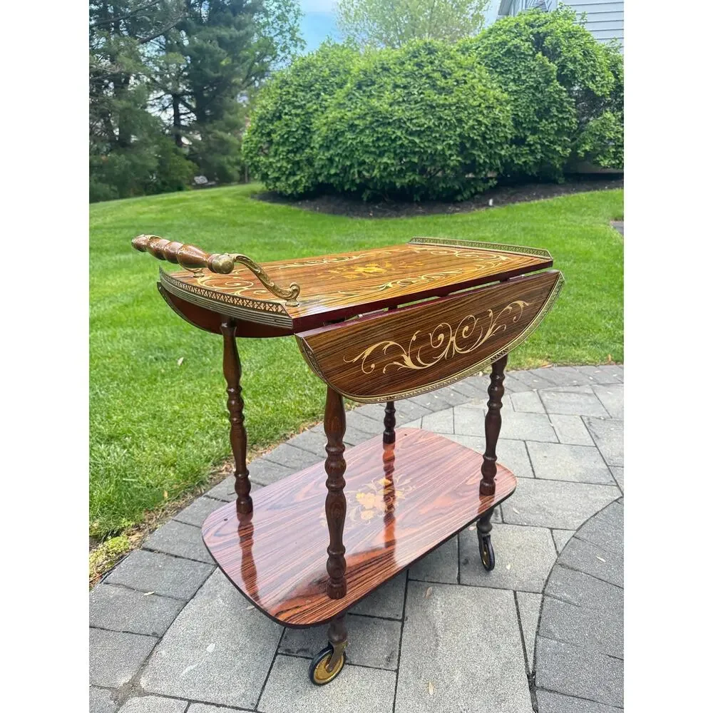 VTG Italian Marquetry Tea & Bar Cart Wood Serving Drop Leaf ~Great For Display